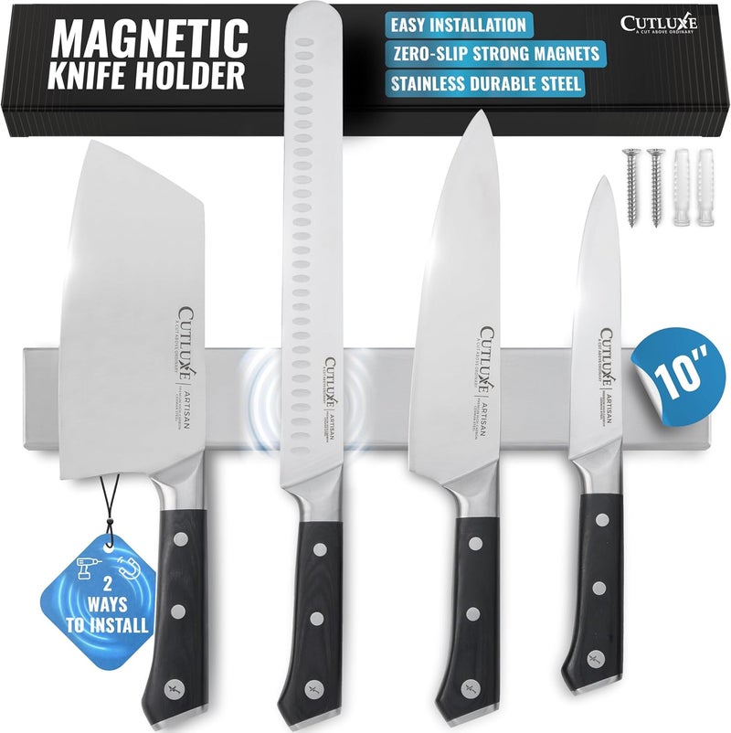 Cutluxe Magnetic Knife Holder for Wall and Fridge - 10" Stainless Steel Knife Magnetic Strip - Holds up 15 lbs, Easy to Mount, With Strong Magnets or Screws - Image 1